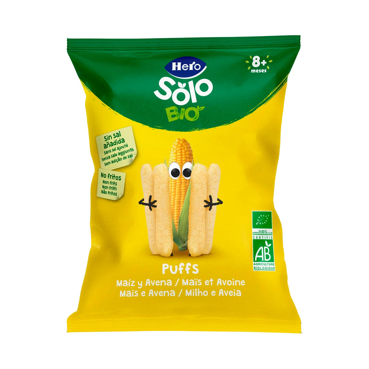 HERO Solo bio Snacks infantiles no fritos y sin sal añadida. de maíz y avena ecológicos, a partir de 8 meses 25 g.