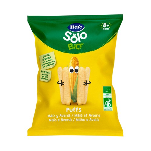 HERO Solo bio Snacks infantiles no fritos y sin sal añadida. de maíz y avena ecológicos, a partir de 8 meses 25 g.