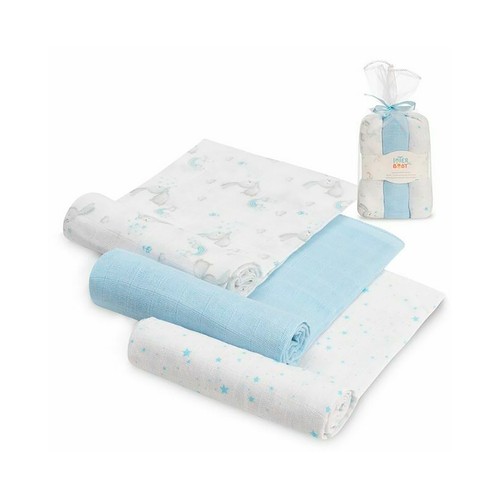 Pack de 3 gasas, diseño de conejitos y estrellas, color azul, INTERBABY.