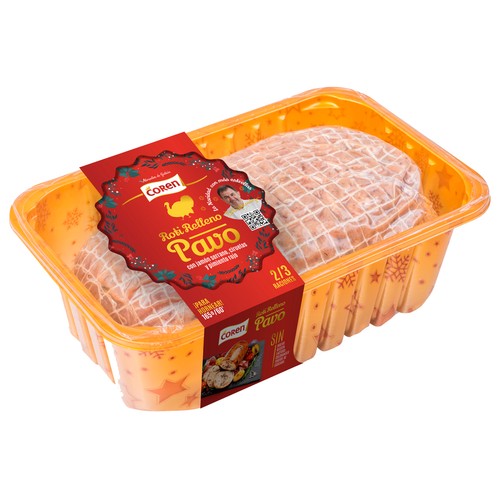 COREN Roti de pavo relleno con jamón serrano, ciruelas y pimiento rojo, listo para hornear 750 g.