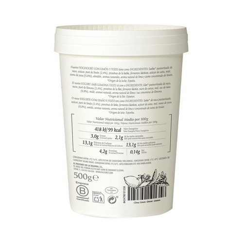 PASTORET Yogur artesanal cremoso con limón y yuzu 500 g.