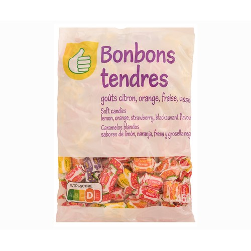 PRODUCTO ECONÓMICO ALCAMPO Surtido de caramelos blandos con sabor a limón, naranja, fresa y grosella negra 450 g.