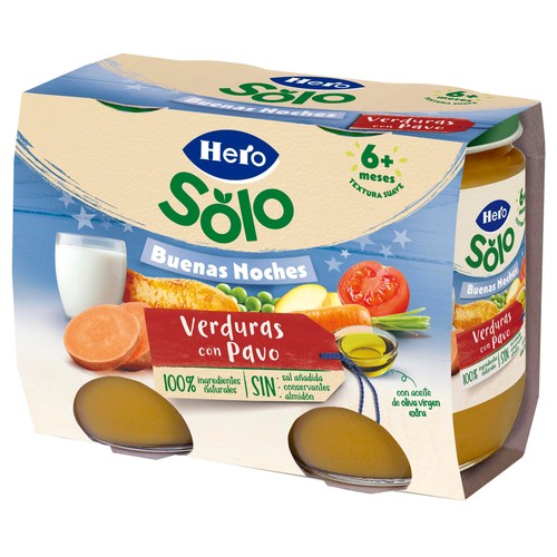 HERO Solo buenas noches Tarrito de verduras con pavo (textura suave), a partir de 6 meses 2 x 190 g.
