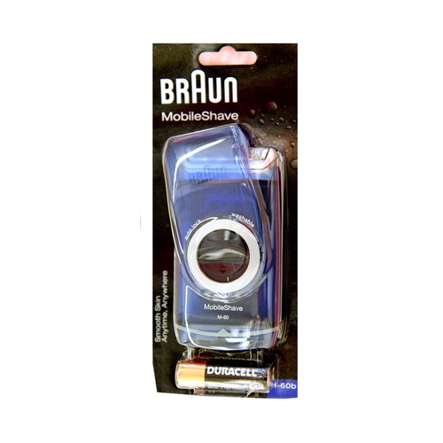 Afeitadora de viaje BRAUN MobileShave M60b, sin cable, uso seco y húmedo, cabezal oscilante, 2 pilas AA.