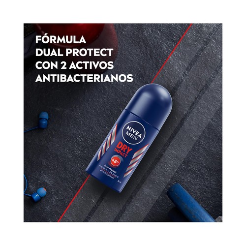 NIVEA Men dry impact Desodorante roll on para hombre con protección anti transpirante hasta 72 horas 50 ml.