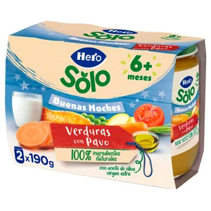 HERO Solo buenas noches Tarrito de verduras con pavo (textura suave), a partir de 6 meses 2 x 190 g.