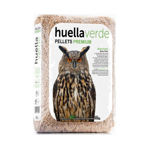 Saco de pellets EN plus A1 de madera 100% natural. Saco de 15kg HUELLA VERDE.