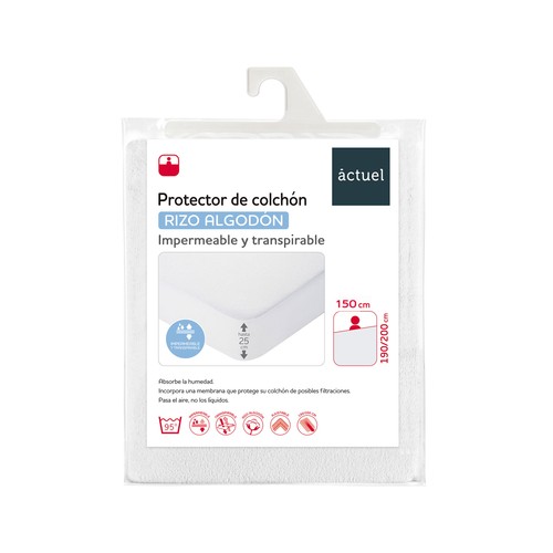 Protector colchón 150X190/200cm hasta 30cm de altura, rizo algodón, transpirable. ACTUEL