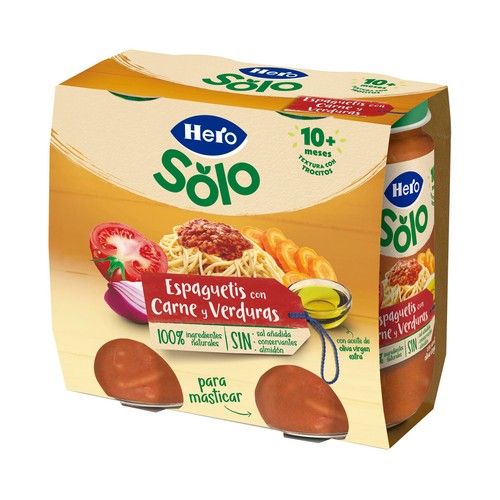 HERO Solo Tarritos de espaguetis con carne y verduras (textura con trocitos), a partir de 10 meses 2 x 235 g.