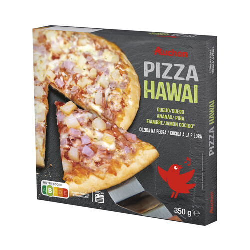 AUCHAN Pizza congelada Hawai (queso, piña y jamón cocido), cocida a la piedra 350 g. Producto Alcampo