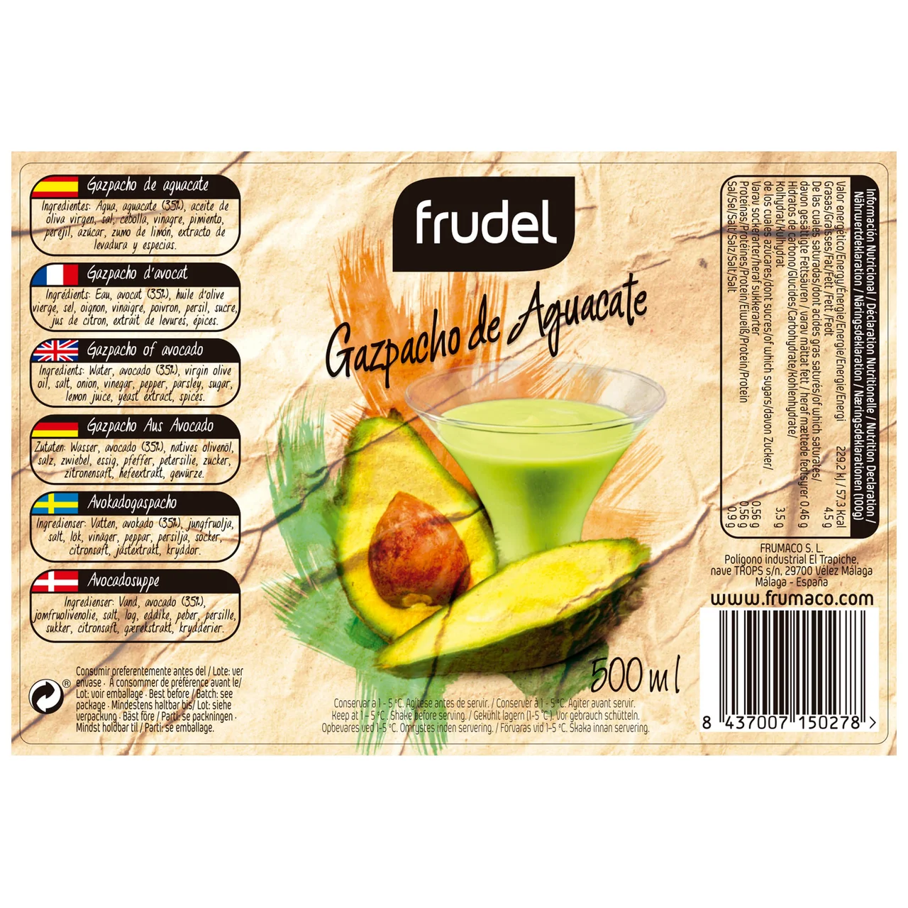 Gazpacho de aguacate, elaborado con aceite de oliva virgen extra 500 ml.