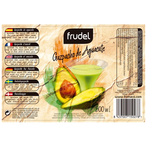 FRUDEL Gazpacho de aguacate, elaborado con aceite de oliva virgen extra 500 ml.