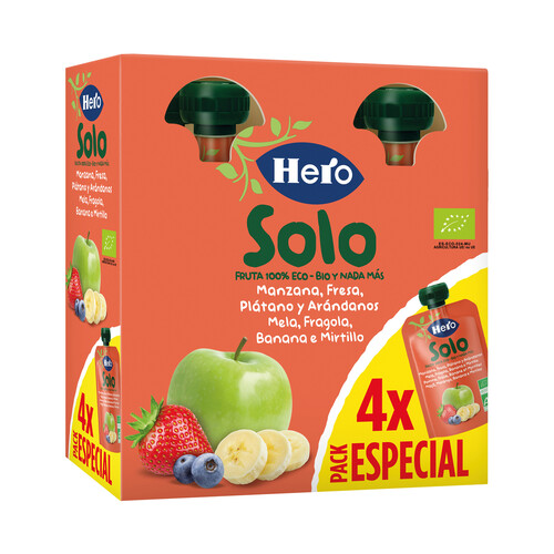 HERO Solo Bolsitas de fruta (plátano, fresa, manzana y arándanos) ecológico, a partir de 12 meses 4 x 100 g.