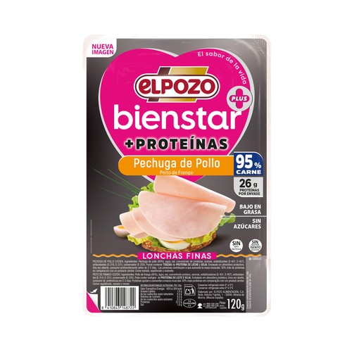 EL POZO Bienstar +proteínas Pechuga de pollo cortada en finas lonchas, con alto contenido en proteínas 120 g.