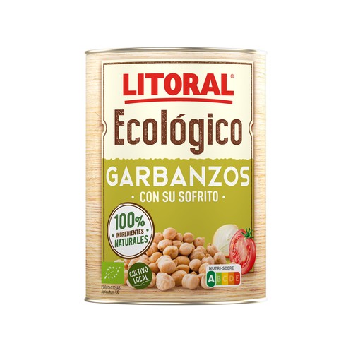 LITORAL ECOLÓGICO Garbanzos con sofrito, variedad Pedrosillano, ecológicos 425 g.