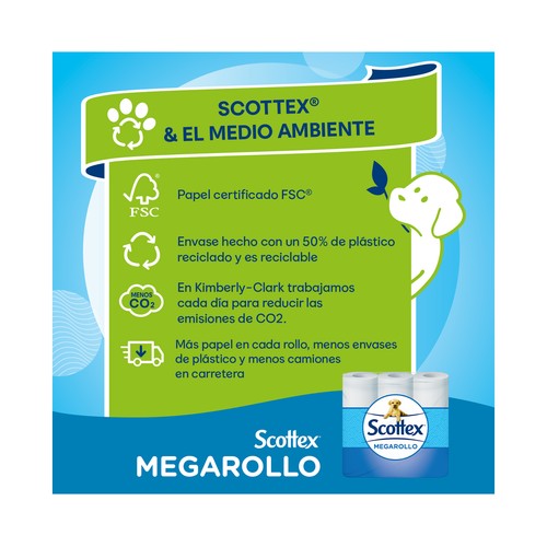 SCOTTEX Megarrollo Papel higiénico que dura 2 veces más 36 rollos.