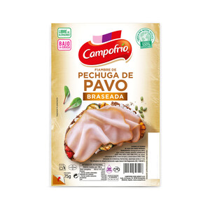 Imagen de CAMPOFRÍO Fiambre de pechuga de pavo con sabor ahumado, cortada en lonchas 75 g.