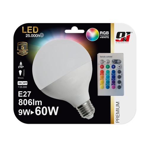 Bombilla Led E27 con mando a distancia, 9W=60W, blanco + multicolor RGB, NINE&ONE Premium.