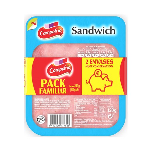 Fiambre de paleta de cerdo, elaborada sin gluten y cortado en lonchas para sandwich CAMPOFRÍO 2 x 135 g.