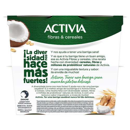 ACTIVIA Bífidus con fibras y cereales (coco, avena y nueces) ACTIVIA de Danone 4 x 115 g.