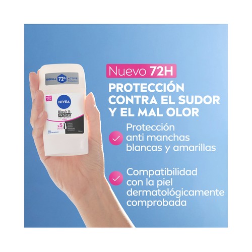NIVEA Black & white invisible clean Desodorante en stick para mujer, antitranspirante 72 horas 50 ml.