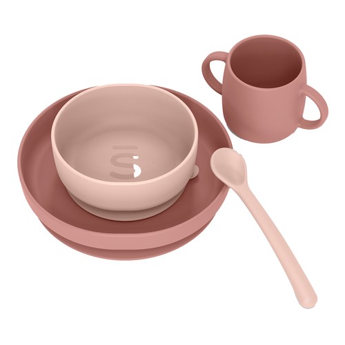 SUAVINEX Selection Vajilla infantil rosa de silicona (suave y flexible) para bebés de + 4 meses.