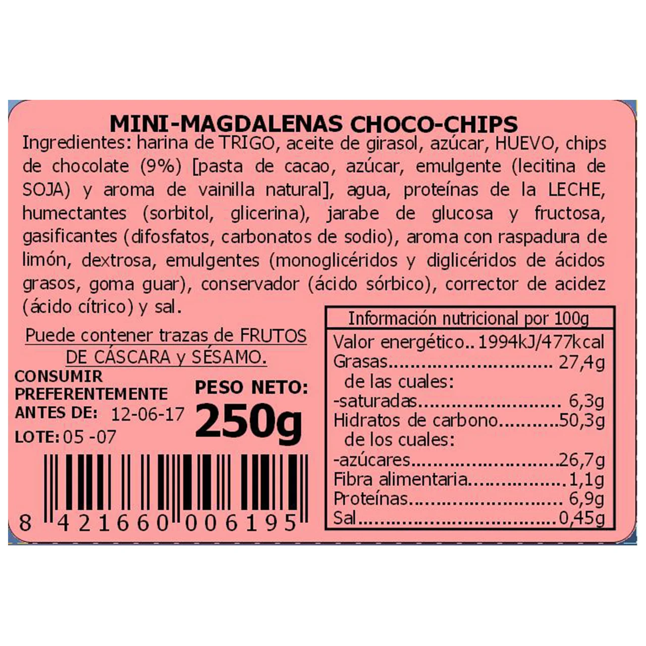 Mini magdalenas choco-chips 200 g.