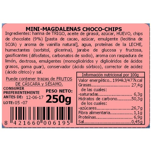 LA GRANJA Mini magdalenas choco-chips 200 g.