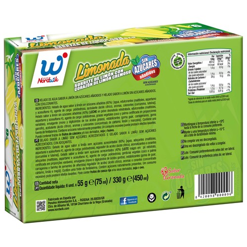 NORDWIK Polo de sorbete de limón con corazón de limón cremoso 6 x 75 ml.