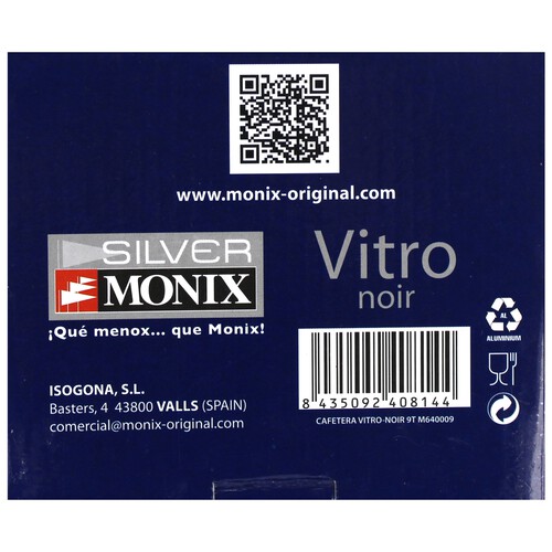 Cafetera italiana Vitro 9 tazas de aluminio de color negro con interior antiadherente MONIX.
