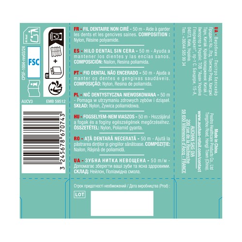 PRODUCTO ALCAMPO Hilo dental no encerado, con sabor a menta 50 m.