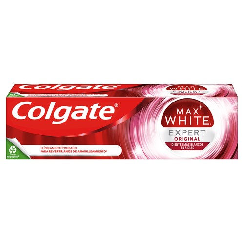 COLGATE Max white expert original Pasta de dientes blanqueadora con flúor, sabor menta 75 ml.
