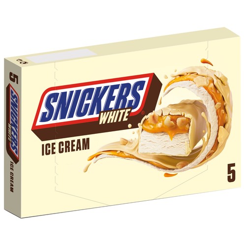 SNICKERS White Barritas de helado con caramelo y cacahuete tostado, recubiertos de chocolate blanco 5 uds.