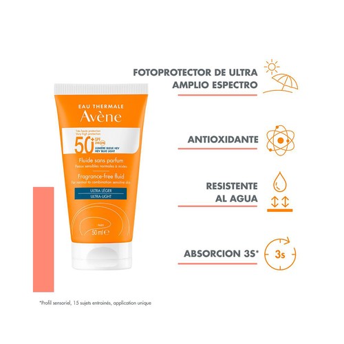 THERMALE AVÉNE Fluido solar facial sin perfume con FPS 50+ (muy alta), para pieles normales, mixtas y sensibles 50 ml.