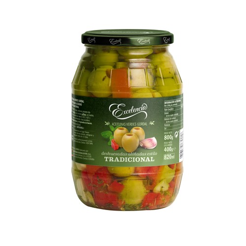 EXCELENCIA Aceitunas verdes gordal aliñadas sin hueso frasco de 400 g.
