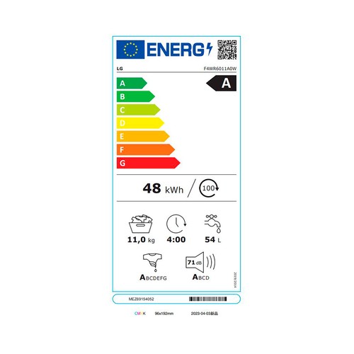 Lavadora LG F4WR6011A0W 11KG, clasificación energética: A, 1400RPM, H: 85cm, A: 60cm, F: 56,5cm.