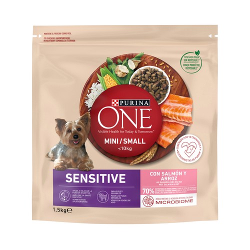 PURINA ONE Mini Comida para perros adultos de raza pequeña a base de salmón y arroz 1,5 kg.