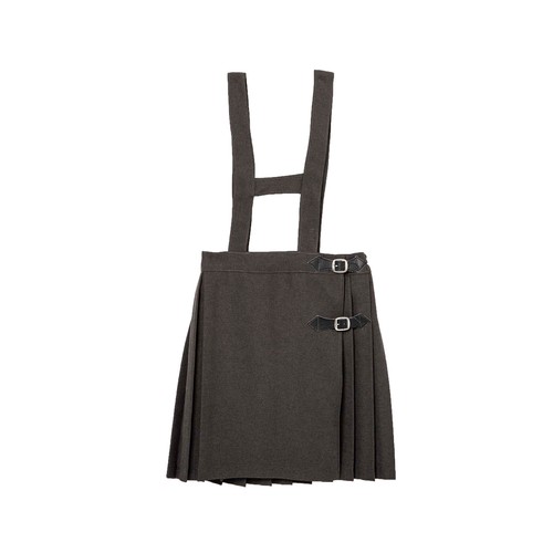 Falda de uniforme con tirantes y tabla delantera gris, talla 6.