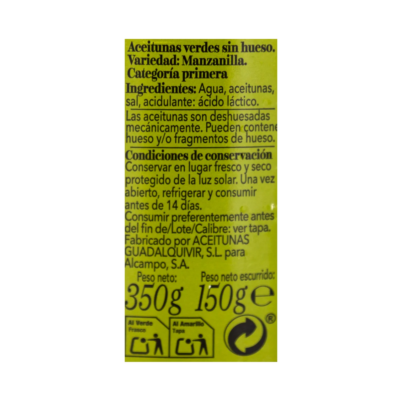 PRODUCTO ALCAMPO Collection Aceitunas verdes manzanilla sin hueso 150 g.