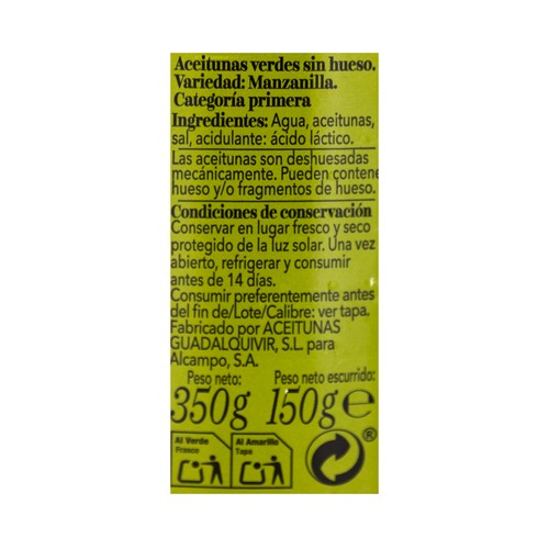 PRODUCTO ALCAMPO Collection Aceitunas verdes manzanilla sin hueso 150 g.