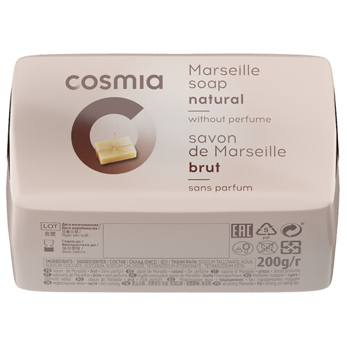 COSMIA Pastilla de jabón de tocador sin perfume con jabón de Marsella COSMIA 200 g.