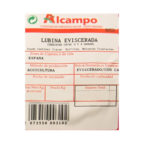 Lubina eviscerada (pieza entera)