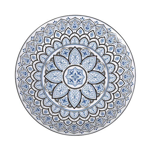 Plato hondo redondo de porcelana con diseño Mandalas en tonos azules, 21,5cm., SANTA CLARA.