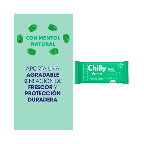 CHILLY Toallitas humedas biodegradables, para higiene intima, con pH5 y acción antiolor CHILLY Fresh 12 uds