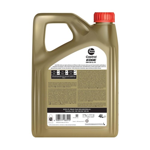 Aceite sintético para motores de gasolina o diésel 0W20 LL IV, 4 litros CASTROL.