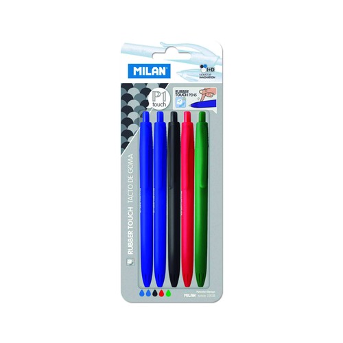 Set 5 bolígrafos grip suave, punta retráctil fina, tinta líquida azul, negra, roja y verde MILAN P1.