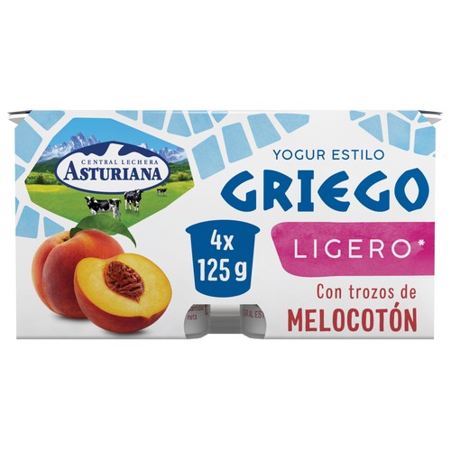 CENTRAL LECHERA ASTURIANA Yogur estilo griego ligero con trozos de melocotón 4 x 125 g.