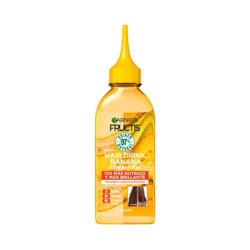 FRUCTIS Hair drink banana de Garnier Tratamiento lamelar instantáneo ultra nutritivo y sin aclarado para cabellos secos 200 ml.