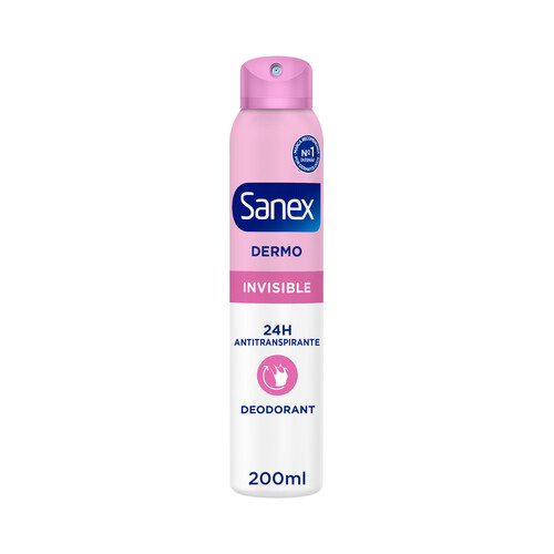 SANEX Dermo invisible Desodorante en spray para mujer con protección antitranspirante 24h y anti manchas 200 ml.