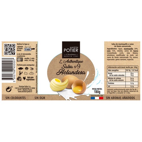 MAISON POTIER Salsa Holandesa, de mantequilla y zumo de limón concentrado 180 g.